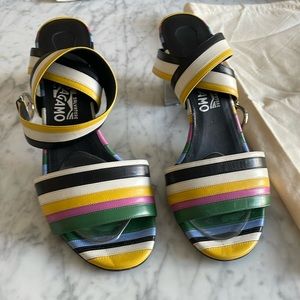 Salvatore Ferragamo Florence multi coloured strappy ankle. With a silver heel
